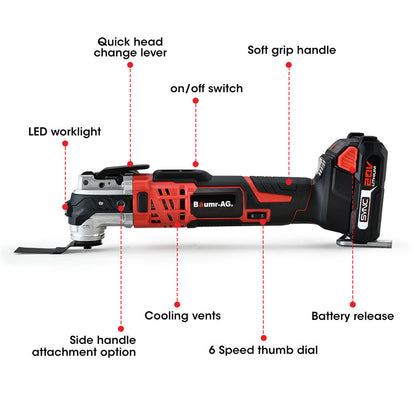 A Baumr-AG 20V Cordless Oscillating Multi-Tool Cutting Saw Battery Sander Kit Lithium Battery designed for the avid DIYer is displayed with attachments and accessories. The tool includes a sanding head, detachable handle, several sanding pads, various cutting blades, a battery pack, and a charger. All items are neatly laid out on a white background.