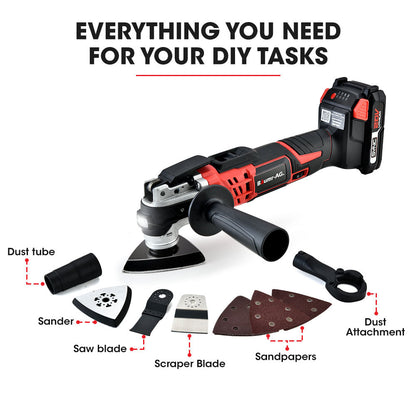 A Baumr-AG 20V Cordless Oscillating Multi-Tool Cutting Saw Battery Sander Kit Lithium Battery designed for the avid DIYer is displayed with attachments and accessories. The tool includes a sanding head, detachable handle, several sanding pads, various cutting blades, a battery pack, and a charger. All items are neatly laid out on a white background.