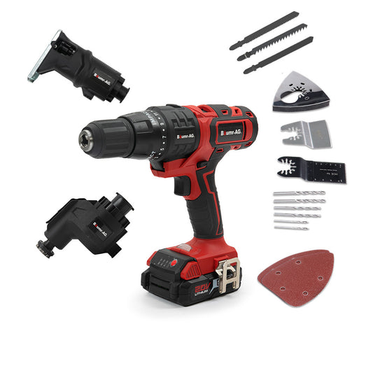 Image of a Tradie's Mate BAUMR-AG Cordless MT3 20V SYNC 3in1 Combi-Tool Kit, with Battery and Charger, featuring additional attachments and accessories. Included are various drill bits, saw blades, sanding attachments, and a 20V battery pack. The tools are arranged neatly around the drill in this comprehensive Combi-Tool Kit.