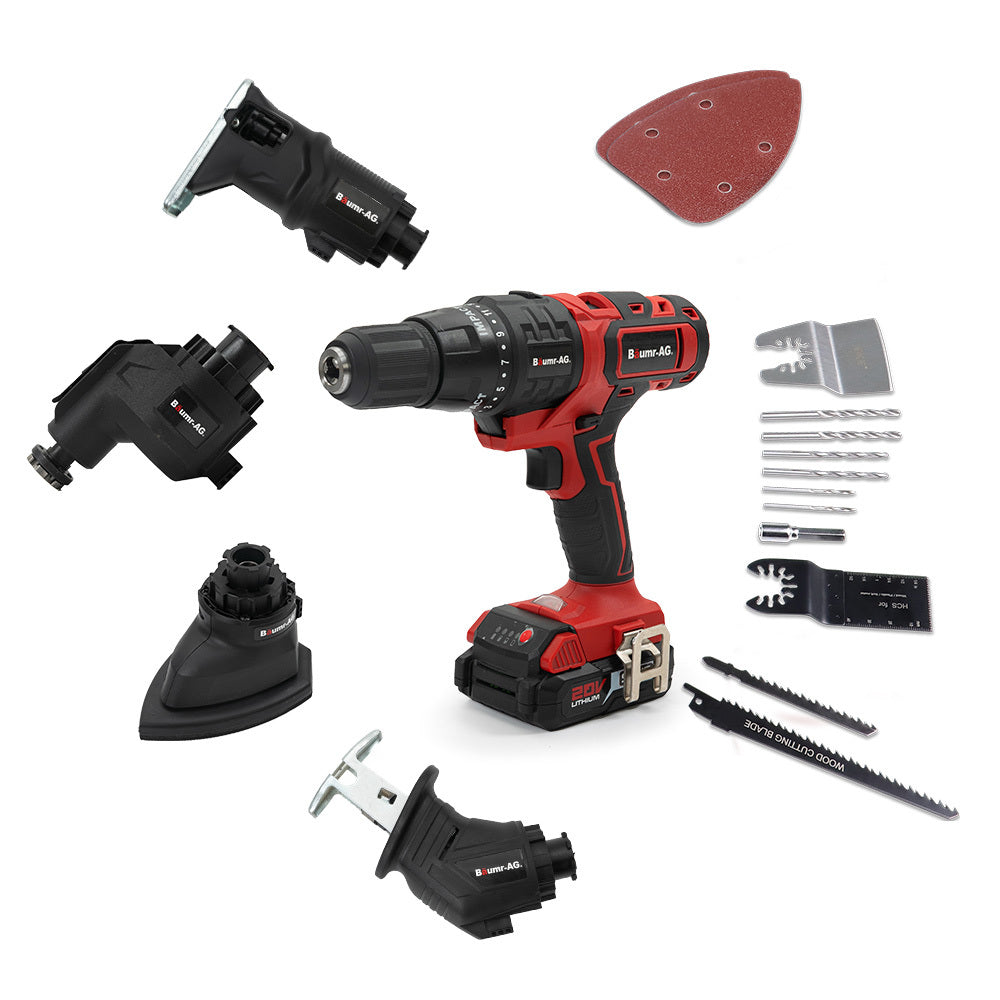 A BAUMR-AG Cordless MT3 Max 20V SYNC 5in1 Combi-Tool Kit, with Battery and Charger in striking red and black is displayed. The set includes various detachable accessories like different drill bits, a sanding pad, a saw attachment, and other multi-functional components, all arranged against a white background.