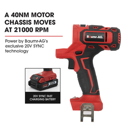 A BAUMR-AG Cordless MT3 Max 20V SYNC 5in1 Combi-Tool Kit, with Battery and Charger in striking red and black is displayed. The set includes various detachable accessories like different drill bits, a sanding pad, a saw attachment, and other multi-functional components, all arranged against a white background.