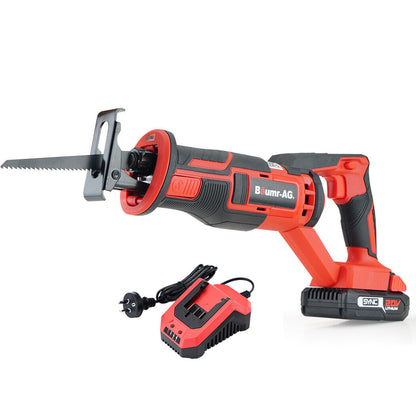 A red and black BAUMR-AG Reciprocating Saw 20V Cordless Lithium Electric Saber Recip w/ Battery with a visible saw blade is pictured alongside its charger, power adapter, and 20V lithium battery. The cordless power tool features a textured grip and a trigger for operation.