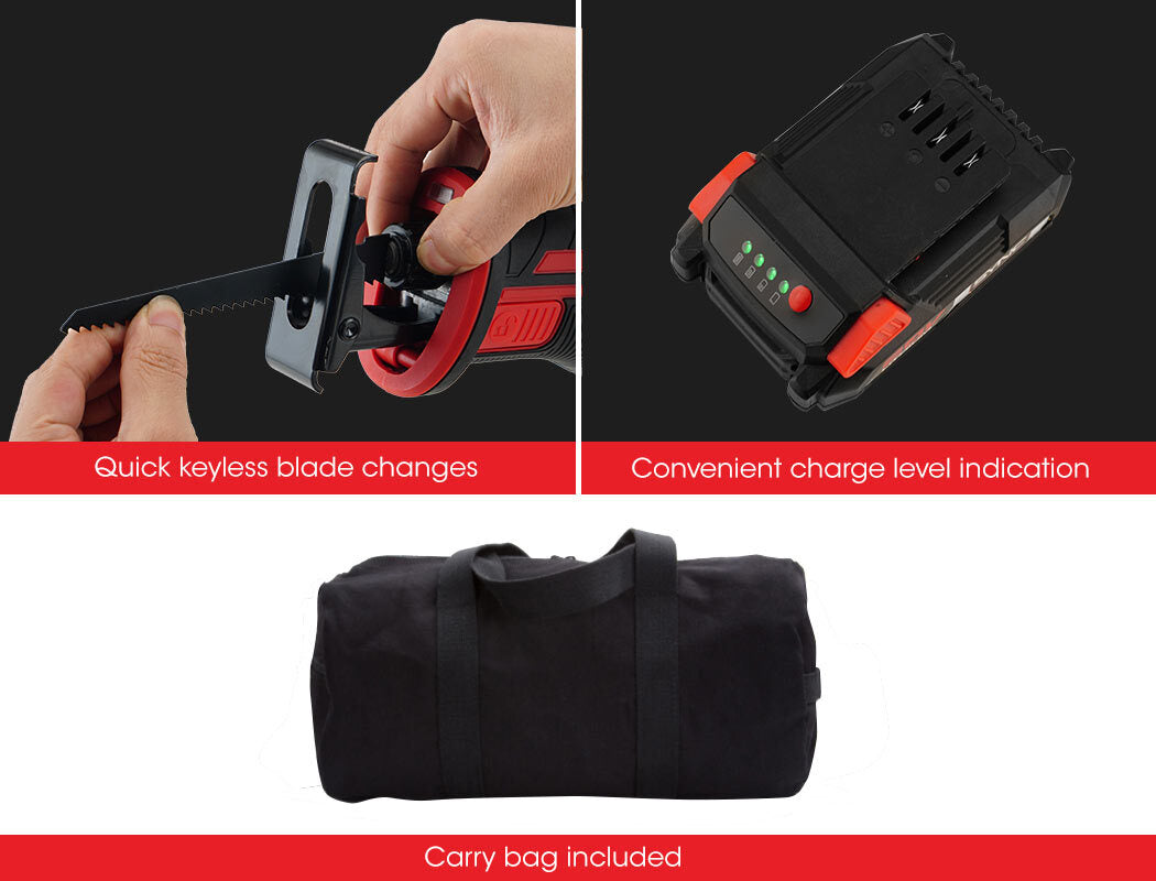 A red and black BAUMR-AG Reciprocating Saw 20V Cordless Lithium Electric Saber Recip w/ Battery with a visible saw blade is pictured alongside its charger, power adapter, and 20V lithium battery. The cordless power tool features a textured grip and a trigger for operation.