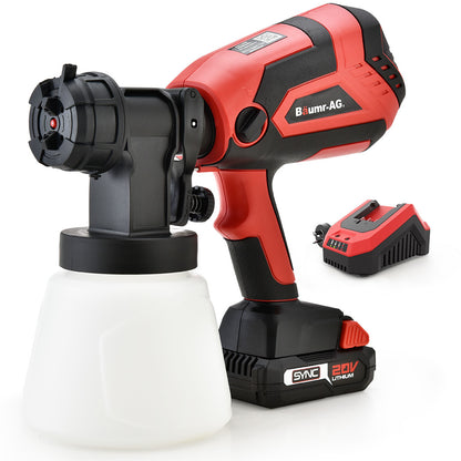 A BAUMR-AG 20V Electric Paint Sprayer Cordless Air Spray Gun Kit, Lithium Battery with Fast Charger, featuring a red and black design with a detachable white paint container, is visible. The device is branded with "20V LT Lithium." Alongside the paint sprayer are a battery charger and an additional battery.