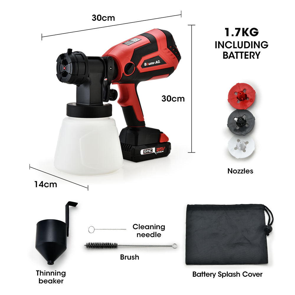 A BAUMR-AG 20V Electric Paint Sprayer Cordless Air Spray Gun Kit, Lithium Battery with Fast Charger, featuring a red and black design with a detachable white paint container, is visible. The device is branded with "20V LT Lithium." Alongside the paint sprayer are a battery charger and an additional battery.