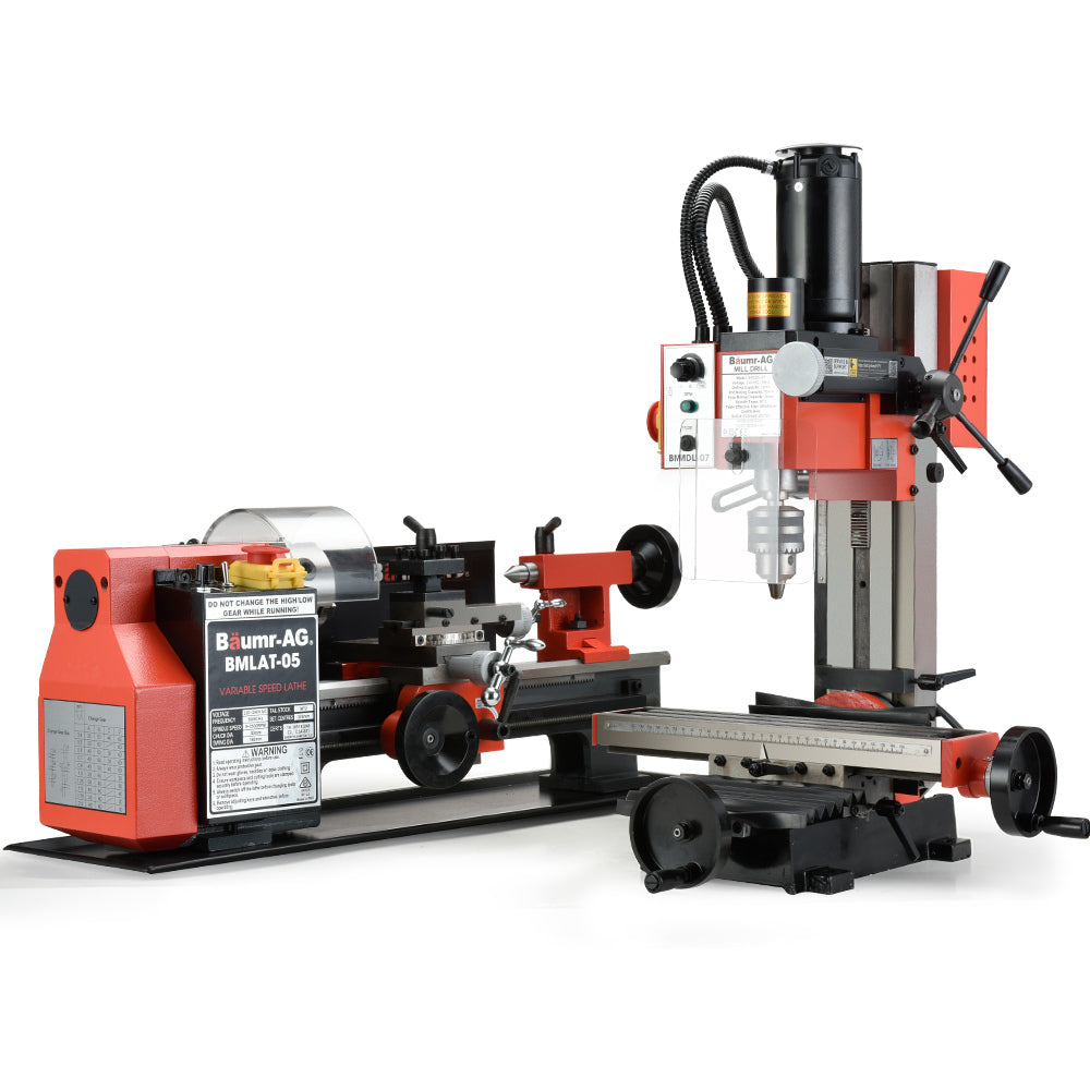 A BAUMR-AG 400W Mini Metal Lathe and 350W Mill Drill Press Machine Combo with a steel base. The unit features various dials and handles for precise adjustments, a clear protective guard on one end, and labels on the controls for user guidance—perfect for Mill Drill operations.