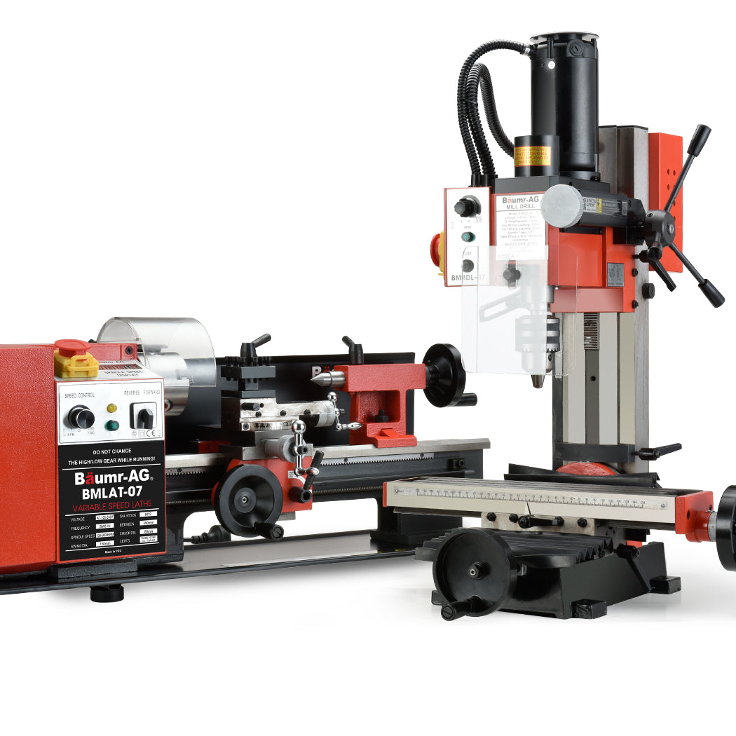 A detailed image of a red and black BAUMR-AG 600W Mini Metal Lathe and 350W Mill Drill Press Machine Combo. The Mill Drill Package includes various levers, dials, and components such as a drill press, lathe chuck, and tool holder, designed for metalworking tasks.