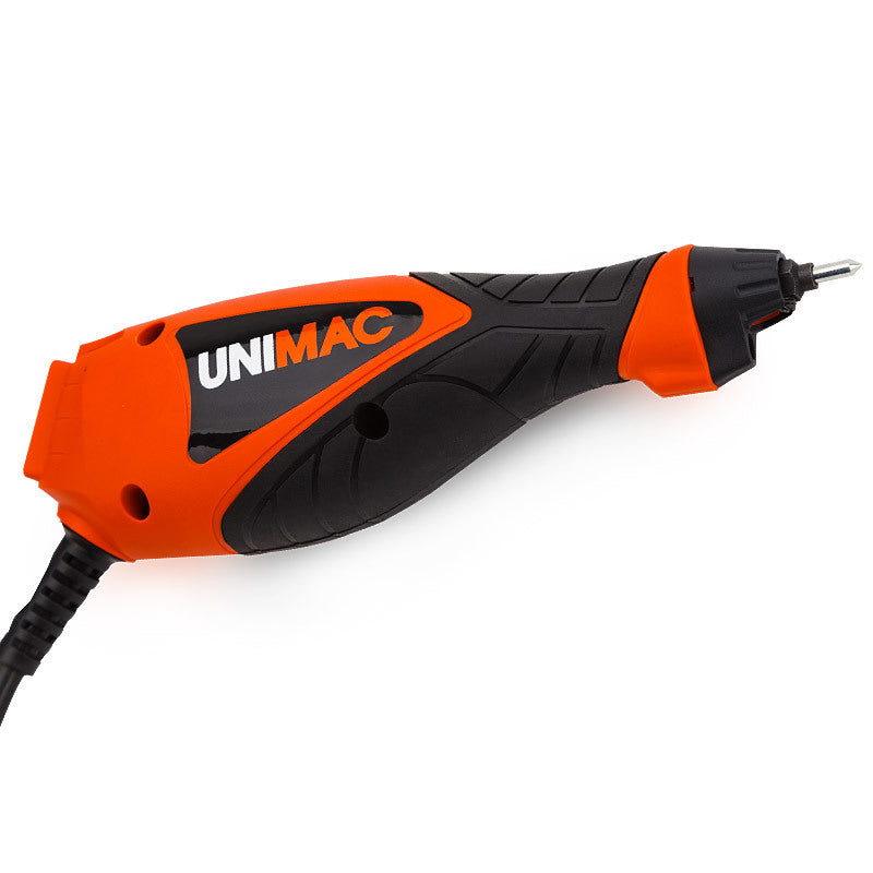 A handheld orange and black electric engraver with the brand name "UNIMAC" printed on the side, the UNIMAC Engraving Tool - Electric Engraver Stencils Precision Hand Held features a textured grip and a small engraving tip for precision work. Boasting 7200 strokes per minute, this DIY engraving tool has a power cord extending from the bottom.