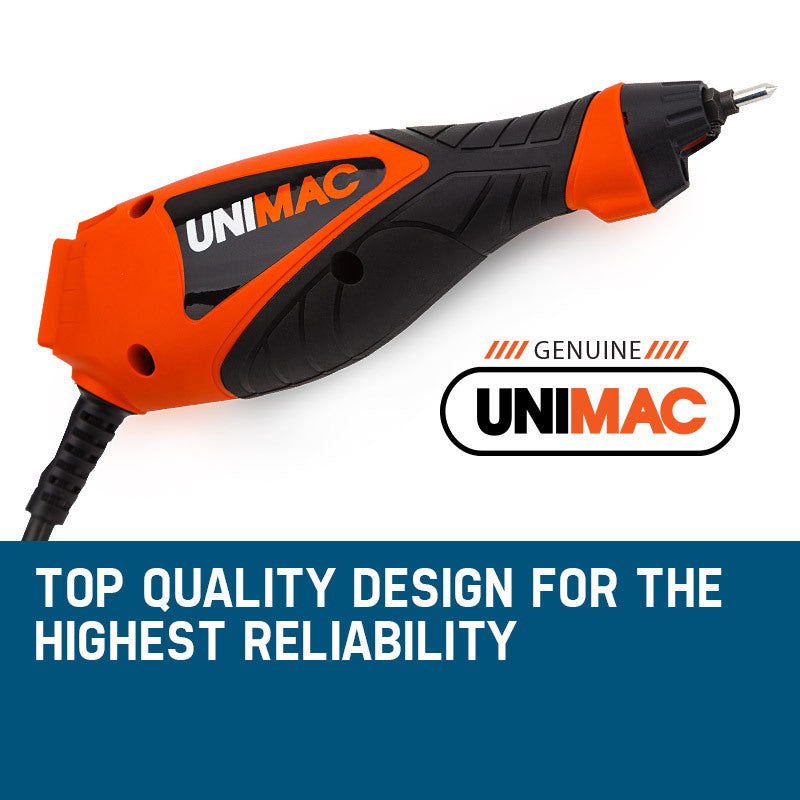 A handheld orange and black electric engraver with the brand name "UNIMAC" printed on the side, the UNIMAC Engraving Tool - Electric Engraver Stencils Precision Hand Held features a textured grip and a small engraving tip for precision work. Boasting 7200 strokes per minute, this DIY engraving tool has a power cord extending from the bottom.