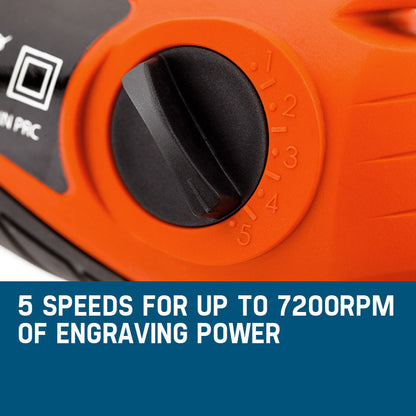 A handheld orange and black electric engraver with the brand name "UNIMAC" printed on the side, the UNIMAC Engraving Tool - Electric Engraver Stencils Precision Hand Held features a textured grip and a small engraving tip for precision work. Boasting 7200 strokes per minute, this DIY engraving tool has a power cord extending from the bottom.