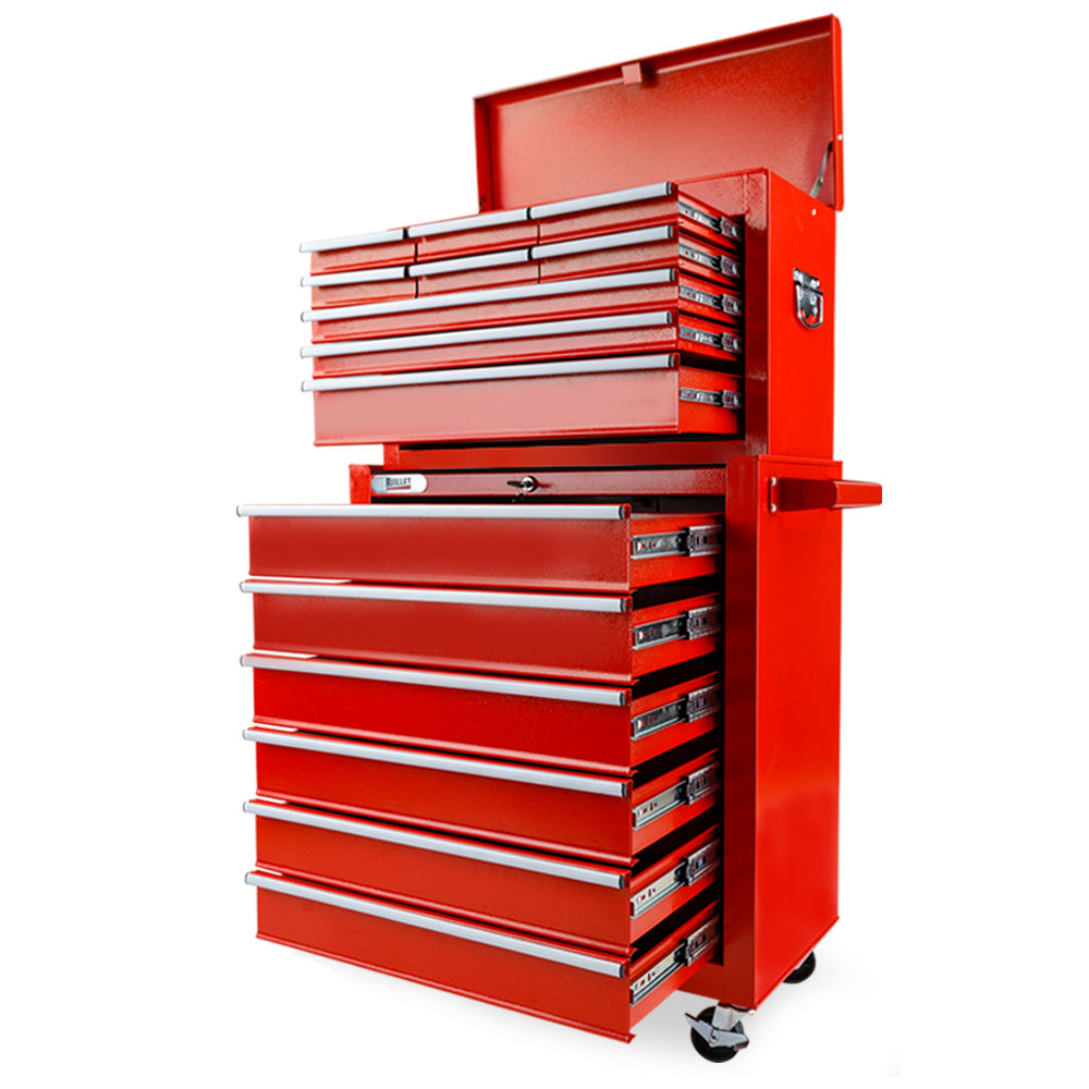 A red BULLET 15 Drawer Tool Chest Box Cabinet Storage Box Trolley Rolling Toolbox on wheels with several open and lockable drawers offers a versatile storage solution. The top section has a lift-up lid, and side handles ensure easy movement. The bottom section has larger drawers perfect for storing various tools and accessories securely.