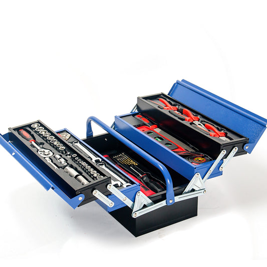 A blue BULLET 118pc Tool Kit Box Set Metal Spanner Organizer Household Toolbox Socket with multiple compartments is open, displaying an organized assortment of tools such as wrenches, screwdrivers, pliers, and sockets. The toolbox includes a cordless screwdriver and has fold-out trays that provide easy access to the tools within.