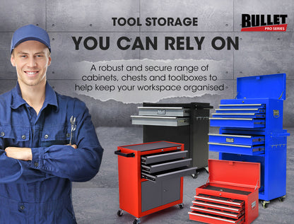 A blue BULLET 118pc Tool Kit Box Set Metal Spanner Organizer Household Toolbox Socket with multiple compartments is open, displaying an organized assortment of tools such as wrenches, screwdrivers, pliers, and sockets. The toolbox includes a cordless screwdriver and has fold-out trays that provide easy access to the tools within.