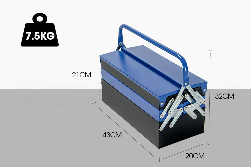 A blue BULLET 118pc Tool Kit Box Set Metal Spanner Organizer Household Toolbox Socket with multiple compartments is open, displaying an organized assortment of tools such as wrenches, screwdrivers, pliers, and sockets. The toolbox includes a cordless screwdriver and has fold-out trays that provide easy access to the tools within.