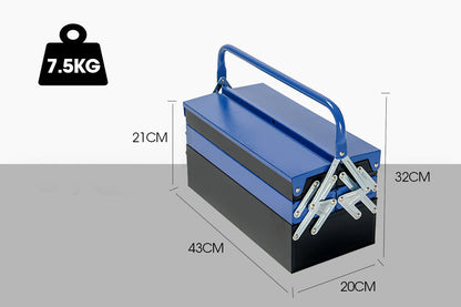 A blue BULLET 118pc Tool Kit Box Set Metal Spanner Organizer Household Toolbox Socket with multiple compartments is open, displaying an organized assortment of tools such as wrenches, screwdrivers, pliers, and sockets. The toolbox includes a cordless screwdriver and has fold-out trays that provide easy access to the tools within.