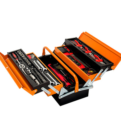 An orange metal toolbox, specifically the BULLET 118pc Tool Kit Box Set Metal Spanner Organizer Toolbox Household Socket, is open, revealing multiple compartments filled with high-quality chrome vanadium tools. Visible tools include pliers, screwdrivers, a tape measure, wrenches, and a socket set. The toolbox has a handle for easy carrying.