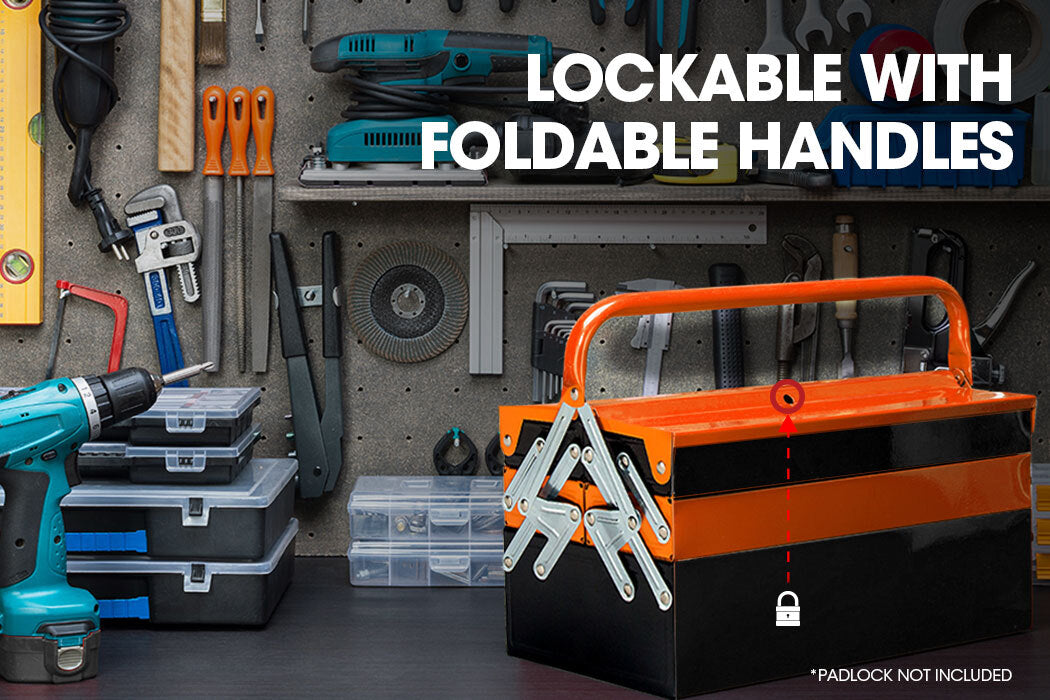 An orange metal toolbox, specifically the BULLET 118pc Tool Kit Box Set Metal Spanner Organizer Toolbox Household Socket, is open, revealing multiple compartments filled with high-quality chrome vanadium tools. Visible tools include pliers, screwdrivers, a tape measure, wrenches, and a socket set. The toolbox has a handle for easy carrying.