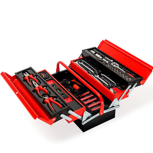 A red metal toolbox with fold-out compartments, showcasing various organized tools including high-quality chrome vanadium wrenches, pliers, screwdrivers, sockets, and other hand tools. This BULLET 118pc Tool Kit Box Set Metal Spanner Household Organizer Toolbox Socket features neatly arranged compartments that highlight the accessibility and variety of tools inside.