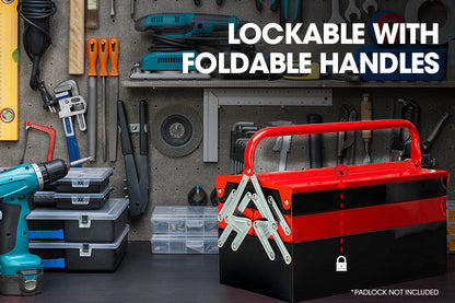 A red metal toolbox with fold-out compartments, showcasing various organized tools including high-quality chrome vanadium wrenches, pliers, screwdrivers, sockets, and other hand tools. This BULLET 118pc Tool Kit Box Set Metal Spanner Household Organizer Toolbox Socket features neatly arranged compartments that highlight the accessibility and variety of tools inside.