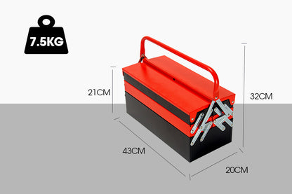 A red metal toolbox with fold-out compartments, showcasing various organized tools including high-quality chrome vanadium wrenches, pliers, screwdrivers, sockets, and other hand tools. This BULLET 118pc Tool Kit Box Set Metal Spanner Household Organizer Toolbox Socket features neatly arranged compartments that highlight the accessibility and variety of tools inside.