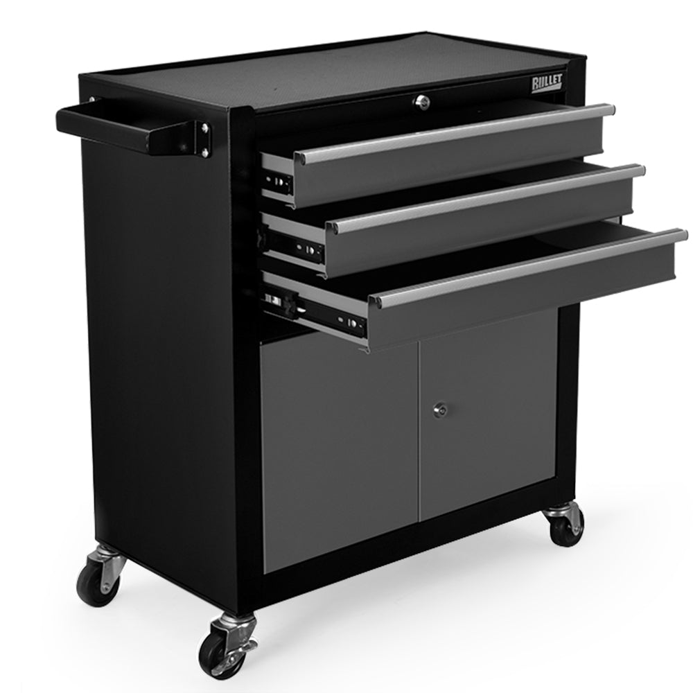 A black and gray BULLET Tool Chest Cabinet Box Trolley Rolling Wheels Drawer Storage Steel Black with two open drawers and a closed compartment at the bottom. The cabinet has four caster wheels, a side handle, and a lock on the top drawer. Ideal for any garage workshop, it features the "BUILDER" logo on the top right corner for reliable storage solutions.