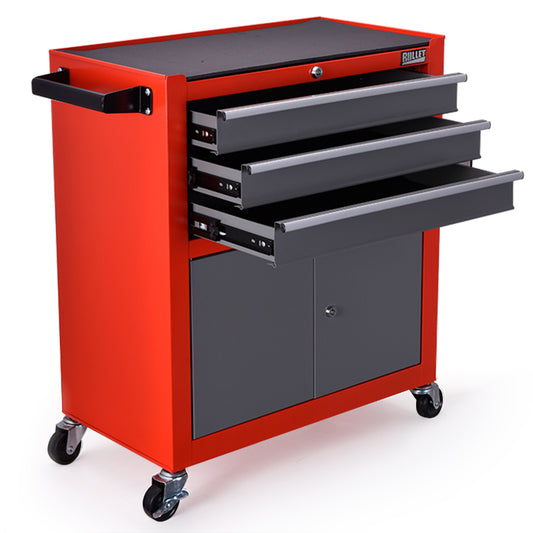 A red, mobile tool chest with four wheels, two side handles, and three open drawers in the upper section. The lower section contains a closed cabinet with two doors. This versatile BULLET Tool Chest Cabinet Box Trolley Rolling Wheels Drawer Storage Steel Red is the perfect storage solution for easy transport and organization of tools in your garage workshop.