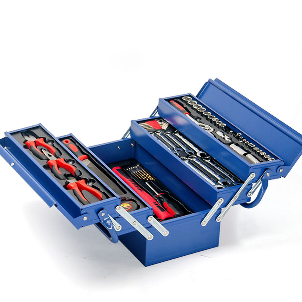 A blue metal toolbox with multiple compartments is open to reveal a comprehensive metric tool kit, including pliers, screwdrivers, wrenches, and sockets. The high-quality chrome vanadium tools are organized neatly within the BULLET 118pc Tool Kit Box Set Metal Spanner Organizer Socket Household Toolbox, which features two sturdy handles on the sides.