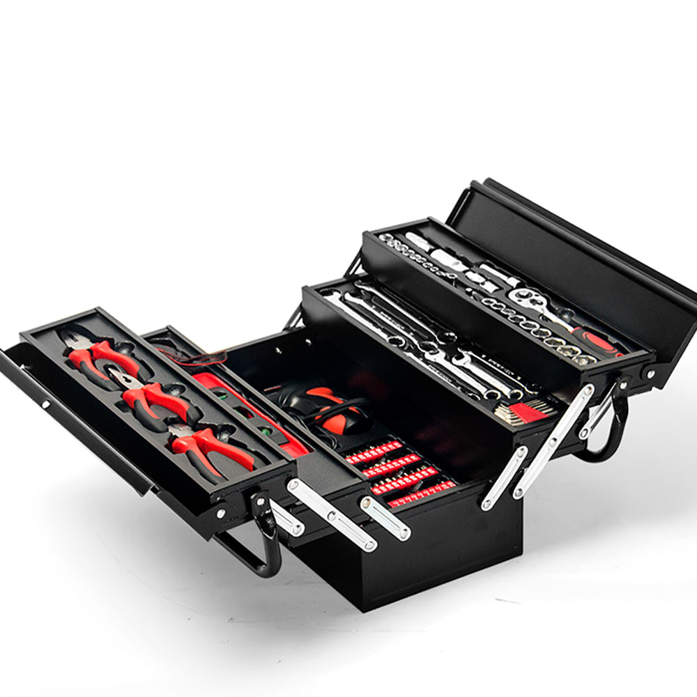 A black Cantilever Tool Box with three open compartments displaying an impressive BULLET 118pc Tool Kit Box Set Metal Spanner Organizer Household Socket Toolbox, including red-handled pliers, screwdrivers, wrenches, and sockets. The sturdy metal hinges allow the compartments to expand outwards for easy access to all your tools.