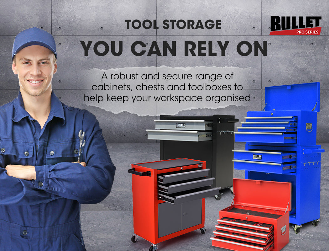 A black Cantilever Tool Box with three open compartments displaying an impressive BULLET 118pc Tool Kit Box Set Metal Spanner Organizer Household Socket Toolbox, including red-handled pliers, screwdrivers, wrenches, and sockets. The sturdy metal hinges allow the compartments to expand outwards for easy access to all your tools.