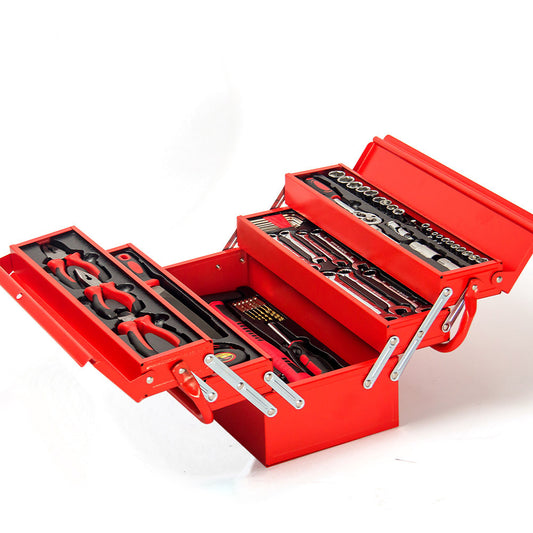 A red metal toolbox with two side trays and a central compartment, all open, displaying various hand tools. This BULLET 118pc Tool Kit Box Set Metal Spanner Socket Organizer Household Toolbox includes pliers, screwdrivers, wrenches, and sockets, all neatly organized in designated foam cutouts.