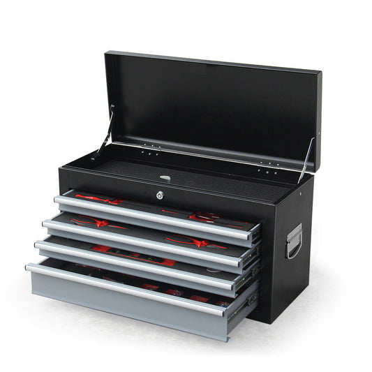 A BULLET 478 Piece Tool Box Chest Kit Storage Cabinet Set Drawers With Tools BLACK with its lid open, revealing a top storage compartment. Below the lid are three partially open sliding drawers filled with red-handled, high-quality chrome vanadium tools, including wrenches and pliers. Built within a high tensile powder-coated steel enclosure, it features sturdy handles on both sides.