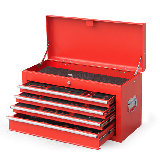 A BULLET 478 Piece Tool Box Chest Kit Storage Cabinet Set Drawers With Tools RED with a raised lid, revealing storage space at the top. The front of the high tensile powder-coated steel enclosure has four partially open drawers, each with metal handles. The sides feature metal carrying handles. The interior is lined with non-slip mats.