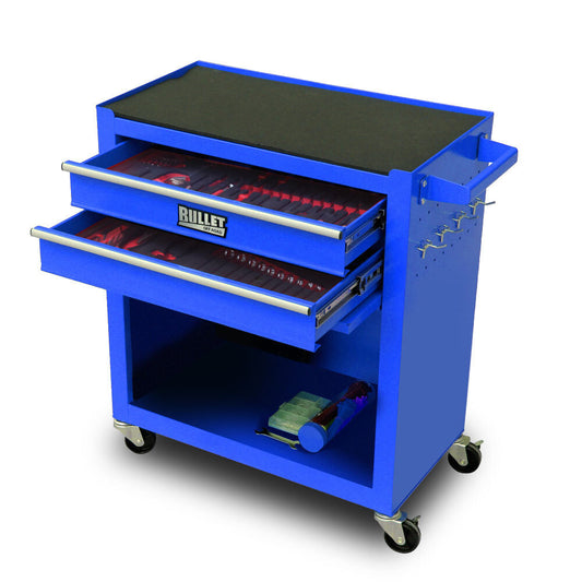 Image of a blue rolling tool chest with two open drawers showing organized tools inside. The top surface is black, and there's a side handle for easy maneuvering. The bottom shelf holds additional items, and the unit is on four caster wheels for mobility. This BULLET Tool Kit Chest Cabinet Box Set Storage Metal Wheels Rolling Drawers Steel Blue boasts a comprehensive metric tool kit made of high-quality drop forged steel.