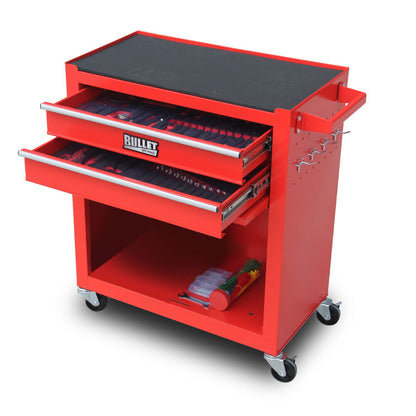 A BULLET Tool Kit Chest Cabinet Box Set Storage Metal Wheels Rolling Drawers Steel Red with two open drawers revealing assorted chrome vanadium tools. The cart features an impact-absorbent rubber gripped surface on top, a side pegboard with hooks, and sits on four caster wheels. There's a small clear plastic container and a yellow tool on the lower open shelf.