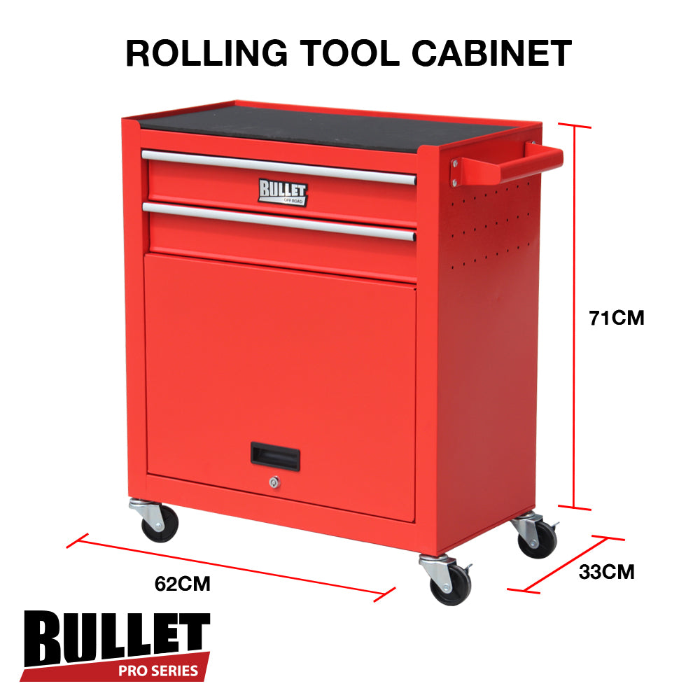 A BULLET Tool Kit Chest Cabinet Box Set Storage Metal Wheels Rolling Drawers Steel Red with two open drawers revealing assorted chrome vanadium tools. The cart features an impact-absorbent rubber gripped surface on top, a side pegboard with hooks, and sits on four caster wheels. There's a small clear plastic container and a yellow tool on the lower open shelf.