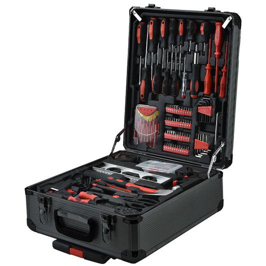 A black toolbox case is opened to display a BULLET 925PC Tool Box On Wheels Kit Trolley Mobile Handle Set Toolbox Storage. The variety of tools are neatly organized in compartments, including screwdrivers, wrenches, pliers, a hammer, a measuring tape, a utility knife, and various other hand tools with red and black handles—all crafted from durable chrome vanadium steel.