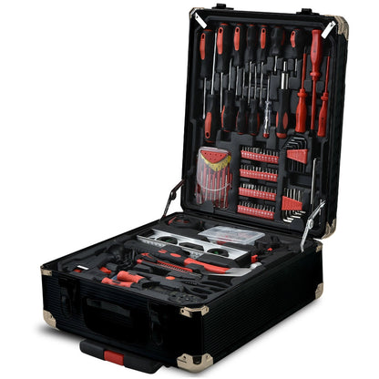 The BULLET 925PC Tool Box On Wheels Kit Trolley Mobile Handle Toolbox Set Storage features a black toolbox with various tools neatly organized inside. Constructed from chrome vanadium steel, the set includes screwdrivers, pliers, a hammer, tape measure, wrenches, and assorted bits and attachments with red and black handles. The case has a dual locking mechanism.