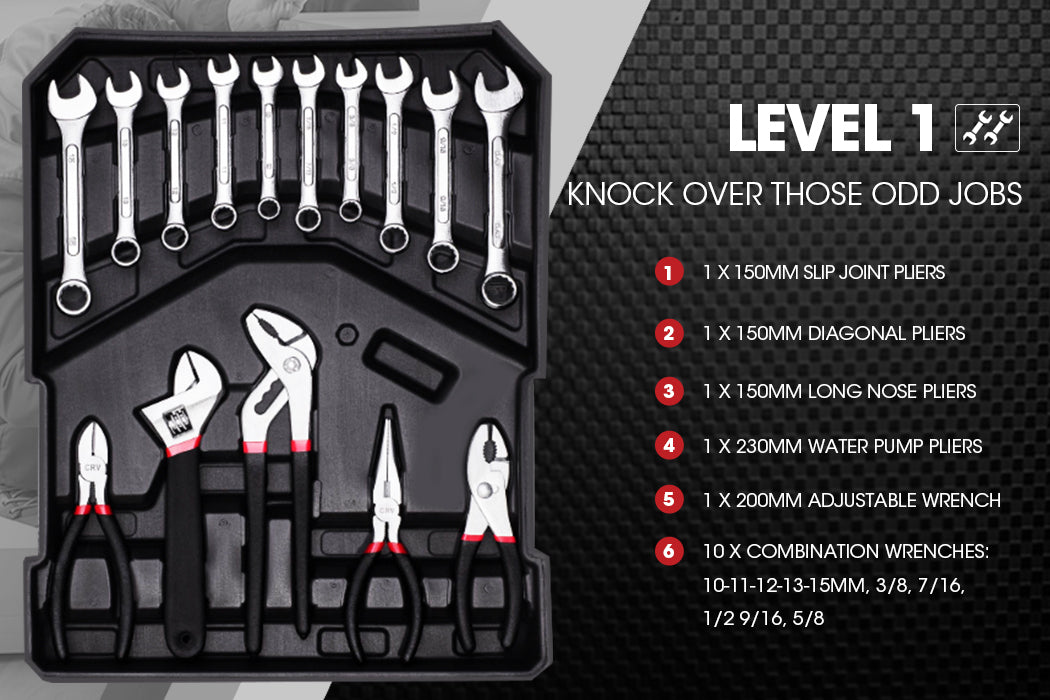 The BULLET 925PC Tool Box On Wheels Kit Trolley Mobile Handle Toolbox Set Storage features a black toolbox with various tools neatly organized inside. Constructed from chrome vanadium steel, the set includes screwdrivers, pliers, a hammer, tape measure, wrenches, and assorted bits and attachments with red and black handles. The case has a dual locking mechanism.