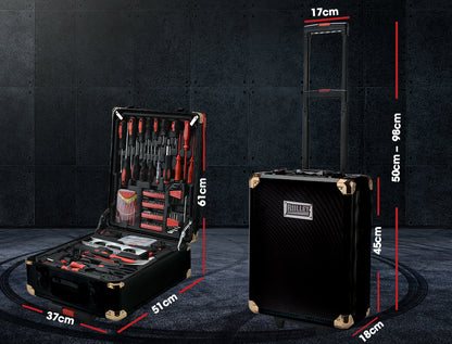 The BULLET 925PC Tool Box On Wheels Kit Trolley Mobile Handle Toolbox Set Storage features a black toolbox with various tools neatly organized inside. Constructed from chrome vanadium steel, the set includes screwdrivers, pliers, a hammer, tape measure, wrenches, and assorted bits and attachments with red and black handles. The case has a dual locking mechanism.