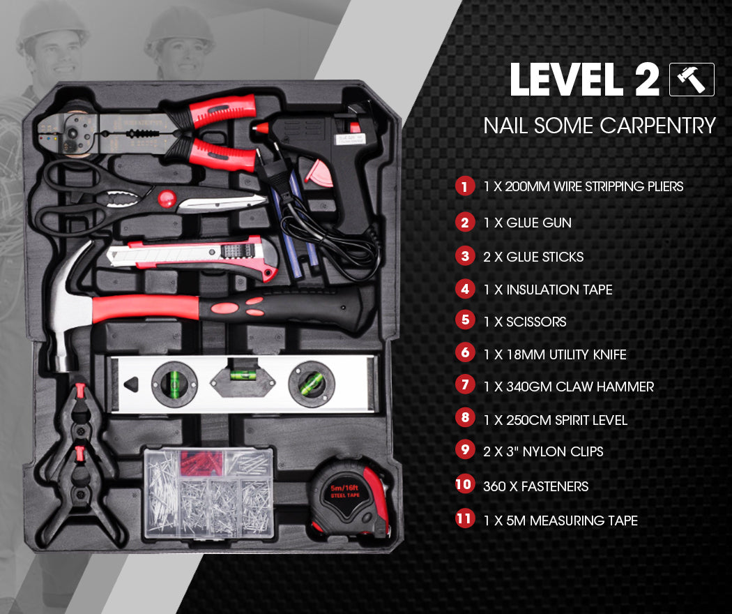 The BULLET 925PC Tool Box On Wheels Kit Trolley Mobile Handle Toolbox Set Storage features a black toolbox with various tools neatly organized inside. Constructed from chrome vanadium steel, the set includes screwdrivers, pliers, a hammer, tape measure, wrenches, and assorted bits and attachments with red and black handles. The case has a dual locking mechanism.