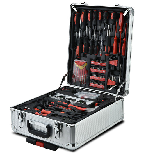 A silver, hard-shell tool case is open, revealing a well-organized BULLET 925PC Tool Box On Wheels Kit Trolley Mobile Handle Toolbox Storage Set. The set includes screwdrivers, pliers, wrenches made from chrome vanadium steel, a tape measure, and an array of other hand tools, all secured in custom-molded slots within the compact unit.