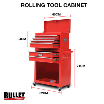 A tall, red metal tool cabinet on wheels with an open top compartment and several partially open drawers. The BULLET Tool Kit Chest Cabinet Box Set Storage Wheels Metal Rolling Drawers Steel Red features a handle on the side and hooks for hanging tools, showcasing storage for a metric tool kit. At the bottom, there's a small tray with some tools.