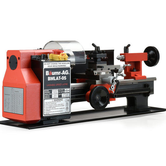 A red and black BAUMR-AG Mini Metal Lathe Small Hobby Micro Variable Speed Machine Benchtop DIY positioned on a white background. The lathe features various knobs, a control panel, and a protective clear cover over some of the mechanisms, making it ideal for model makers.