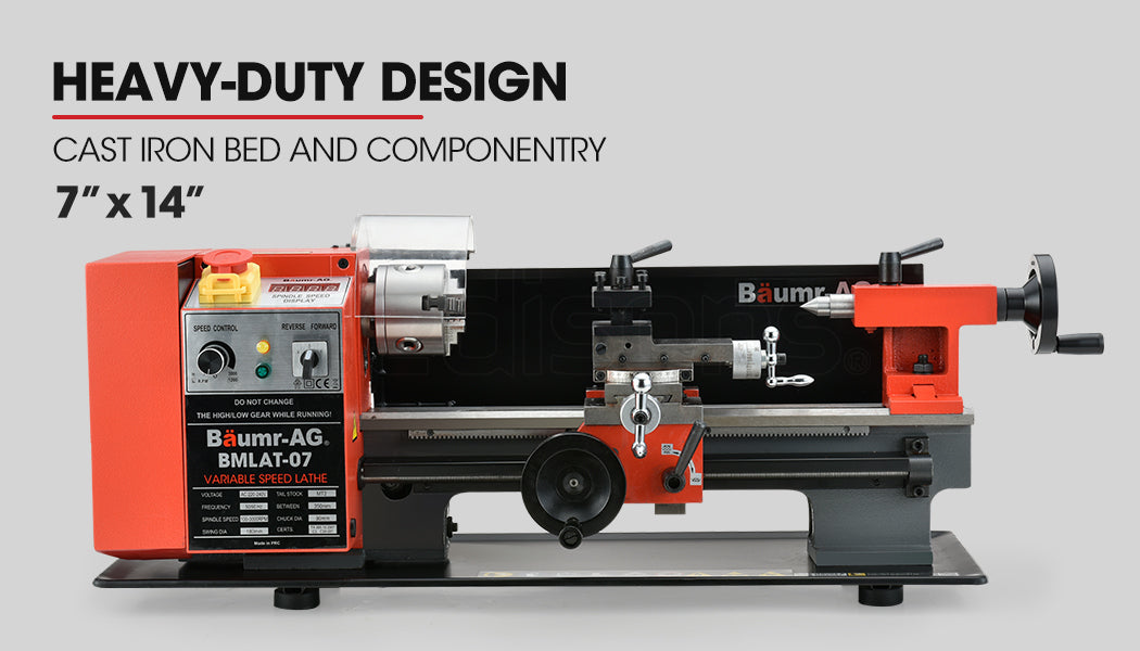 A red and gray BAUMR-AG 600W 7"x14" Variable-Speed Mini Metal Lathe with LCD Screen on a white background, featuring various adjustment knobs, cutting tools, and a transparent safety shield. A label on the machine displays "BMLLAT-07" among other specifications. The lathe is mounted on a black base.