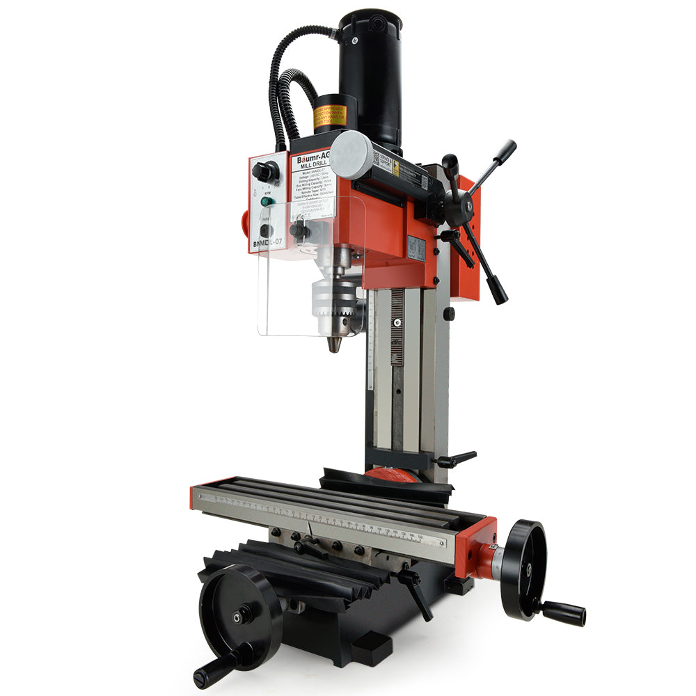 The Tradie's Mate BAUMR-AG Mill Drill Press Tilting Milling Machine Drilling Benchtop is a versatile tool for model engineers, featuring a red and black design with various adjustment knobs and a digital readout. This precision milling machine boasts a vertical column supporting a motor and spindle, plus a horizontal table with crank for precise adjustments.