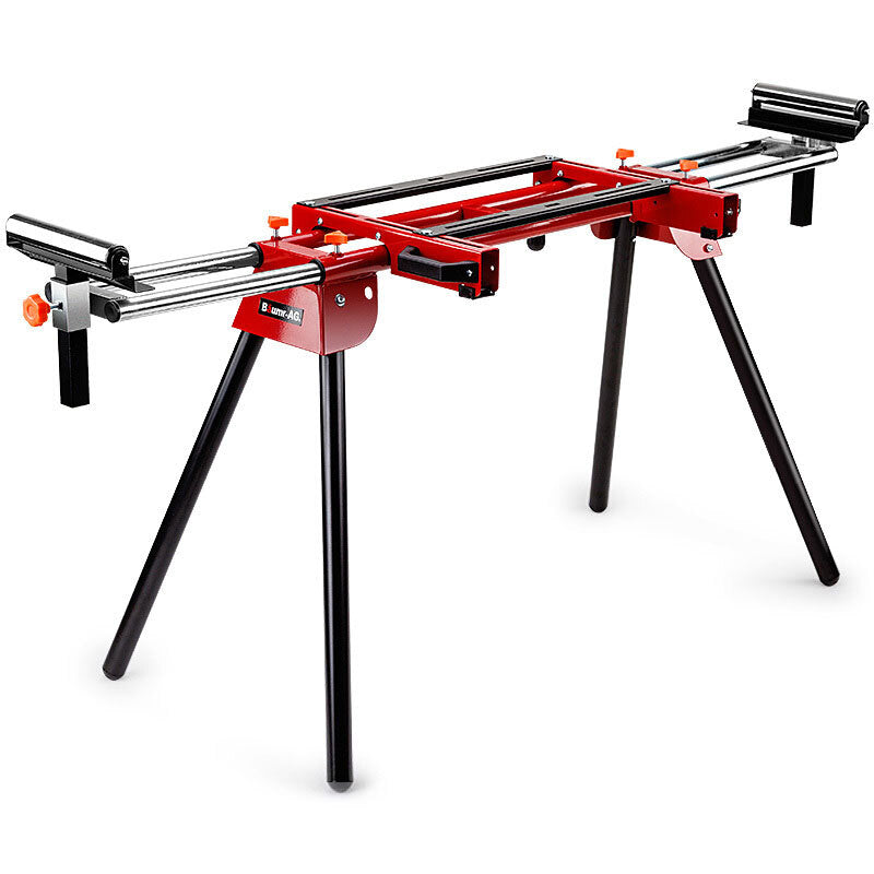 A red and black portable Baumr-AG Mitre Saw Stand Universal Adjustable Portable Drop Saw Bench Table with adjustable rollers and extendable support arms. The high quality components ensure durability, while the stable three-legged design is perfect for holding the New Baumr-AG MS170 miter saw for all your woodworking and cutting tasks.