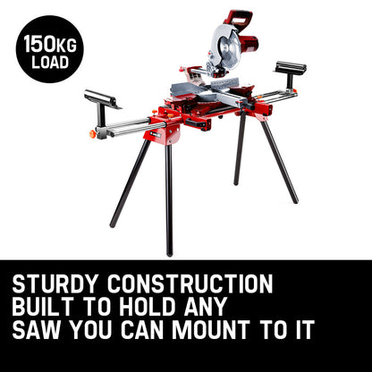 A red and black portable Baumr-AG Mitre Saw Stand Universal Adjustable Portable Drop Saw Bench Table with adjustable rollers and extendable support arms. The high quality components ensure durability, while the stable three-legged design is perfect for holding the New Baumr-AG MS170 miter saw for all your woodworking and cutting tasks.