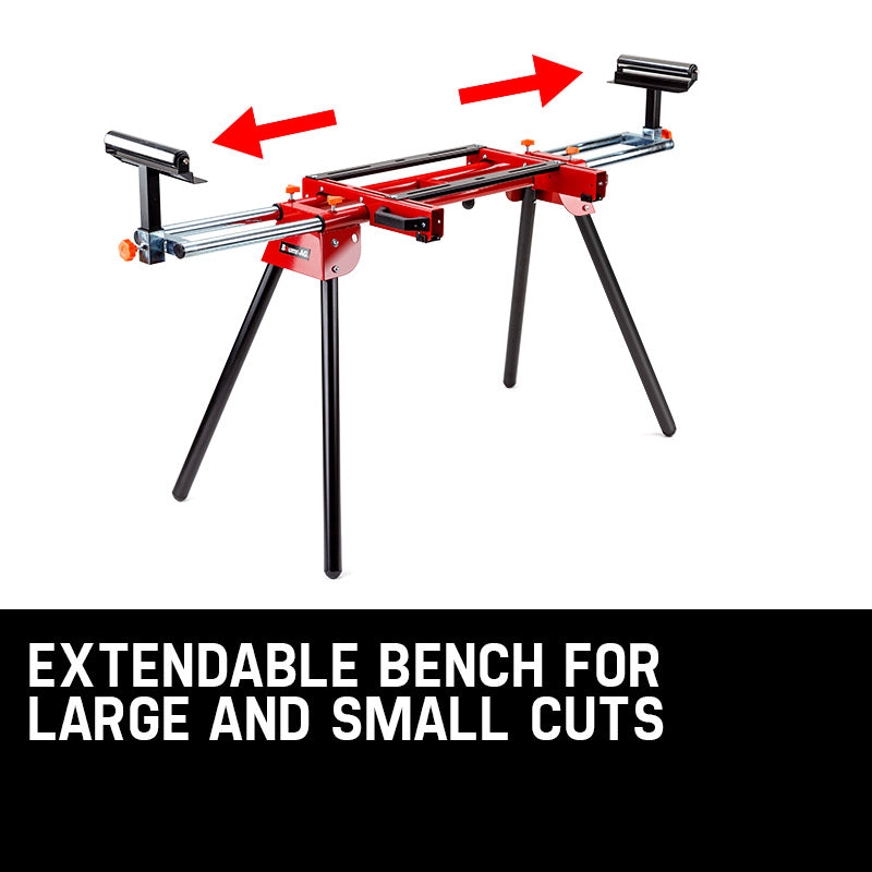 A red and black portable Baumr-AG Mitre Saw Stand Universal Adjustable Portable Drop Saw Bench Table with adjustable rollers and extendable support arms. The high quality components ensure durability, while the stable three-legged design is perfect for holding the New Baumr-AG MS170 miter saw for all your woodworking and cutting tasks.