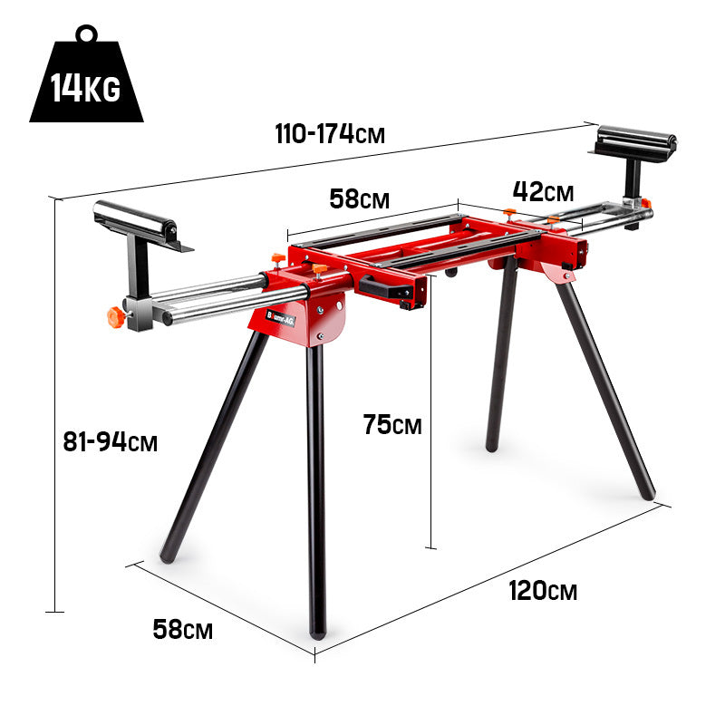 A red and black portable Baumr-AG Mitre Saw Stand Universal Adjustable Portable Drop Saw Bench Table with adjustable rollers and extendable support arms. The high quality components ensure durability, while the stable three-legged design is perfect for holding the New Baumr-AG MS170 miter saw for all your woodworking and cutting tasks.