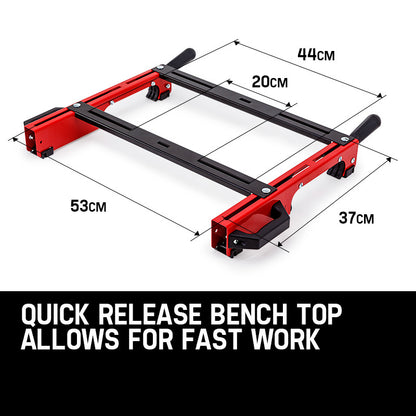 A red and black portable Baumr-AG Mitre Saw Stand Universal Adjustable Portable Drop Saw Bench Table with adjustable rollers and extendable support arms. The high quality components ensure durability, while the stable three-legged design is perfect for holding the New Baumr-AG MS170 miter saw for all your woodworking and cutting tasks.